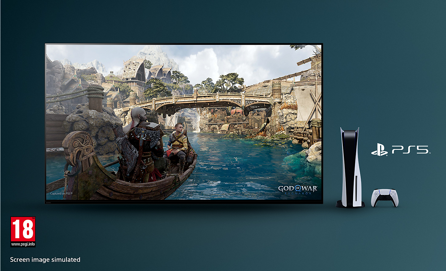 טלוויזיית BRAVIA עם צילום מסך של God of War: Ragnarok המציג סירה על נהר וגשר ברקע עם קונסולת PS5™‎, בקר ולוגו PS5™‎ מימין לטלוויזיה ולוגו PEGI 18 בצד ימין למטה
