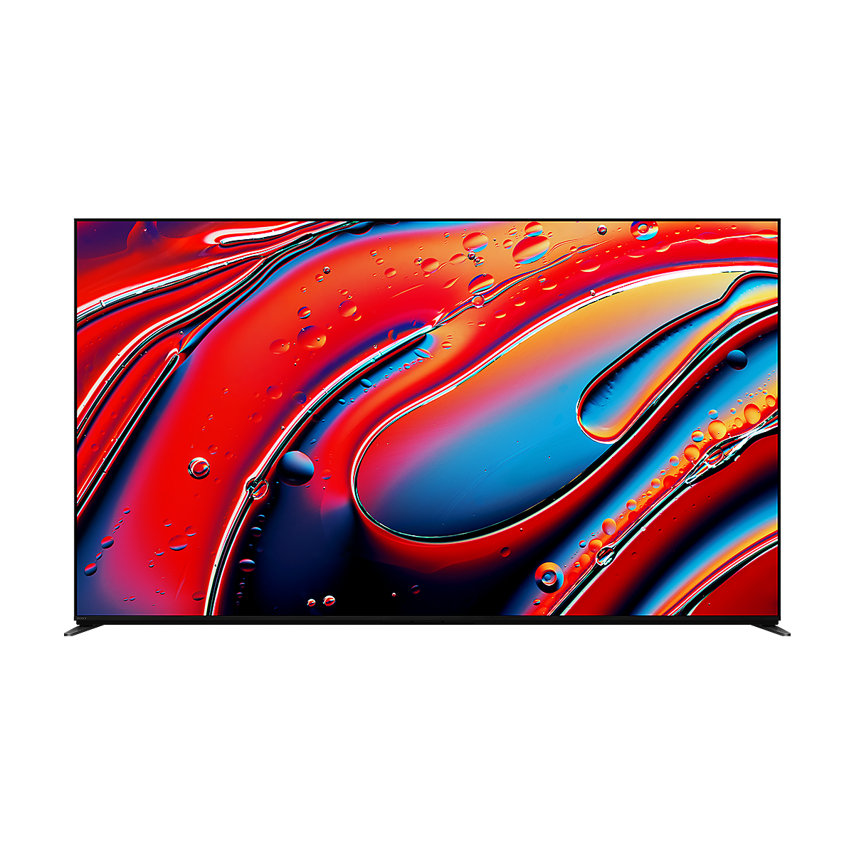 Vue de face du BRAVIA 9 avec capture d’écran de gouttelettes d’eau rouges et bleues